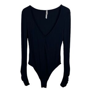 INTIMATELY FREE Free People Black Ribbed Long Sleeve V-Neck Bodysuit Large